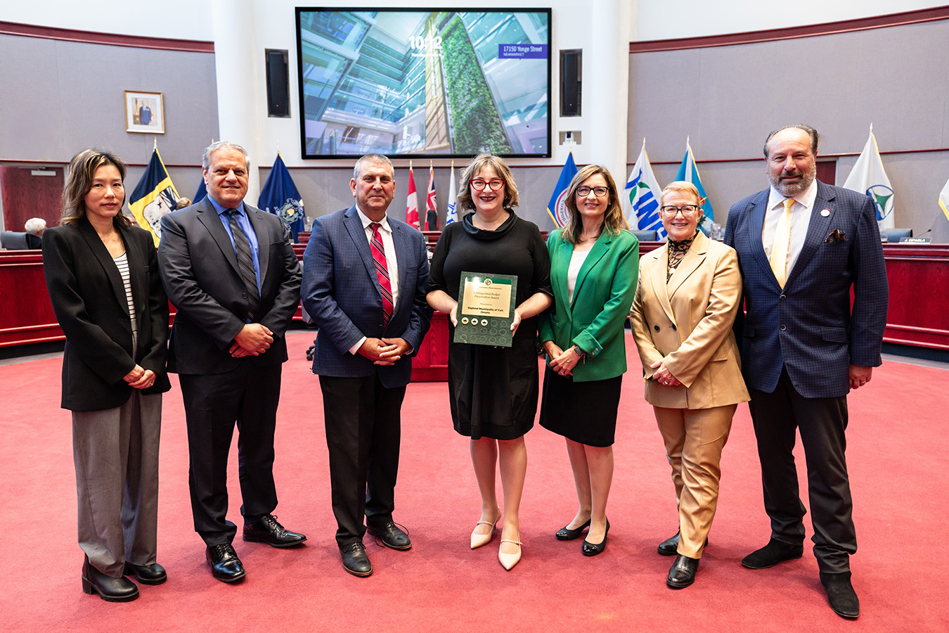 York Region staff Bonny Tam, Manager, Financing and Reserves, Joe Iannace, Acting Director, Office of the Budget, Eric Jolliffe, York Region Chairman and CEO, Laura Mirabella, Commissioner of Finance and Regional Treasurer, Kelly Strueby, Director, Finance and Performance, Public Works, Erin Mahoney, York Region Chief Administrative Officer, King Township Mayor Steve Pellegrini, Chair of Finance and Administration