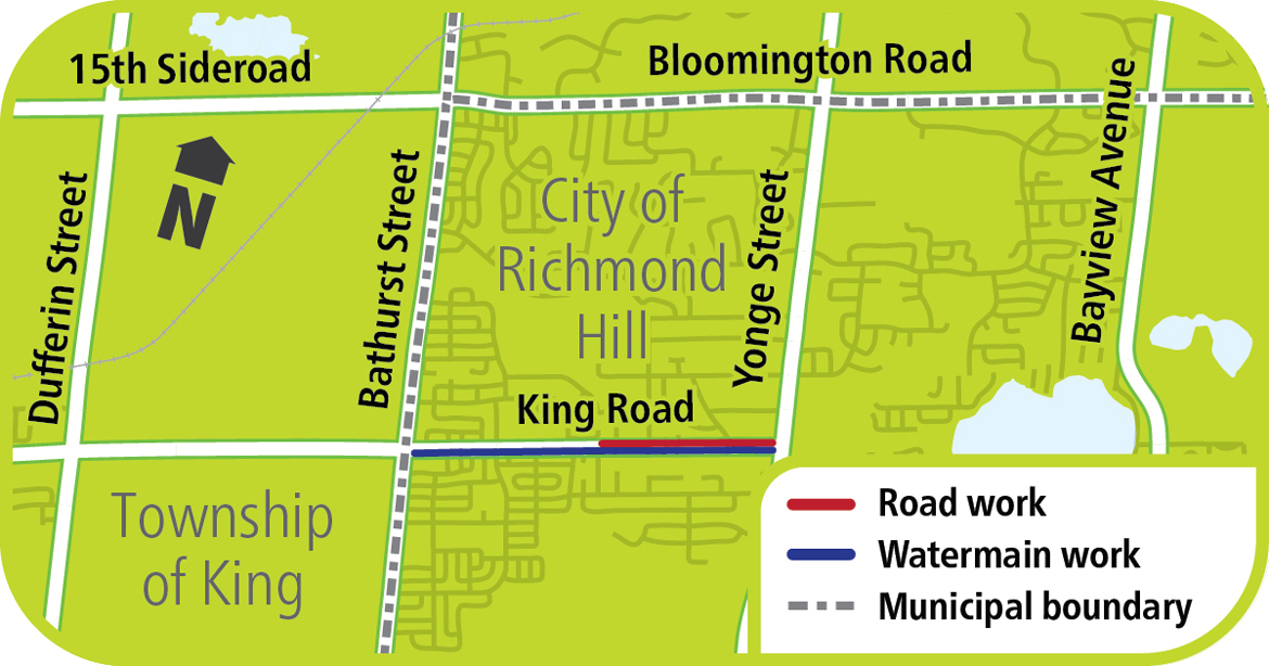 map is showing construction King Road from Yonge Street to Bond Crescent map is showing construction King Road from Yonge Street to Bond Crescent