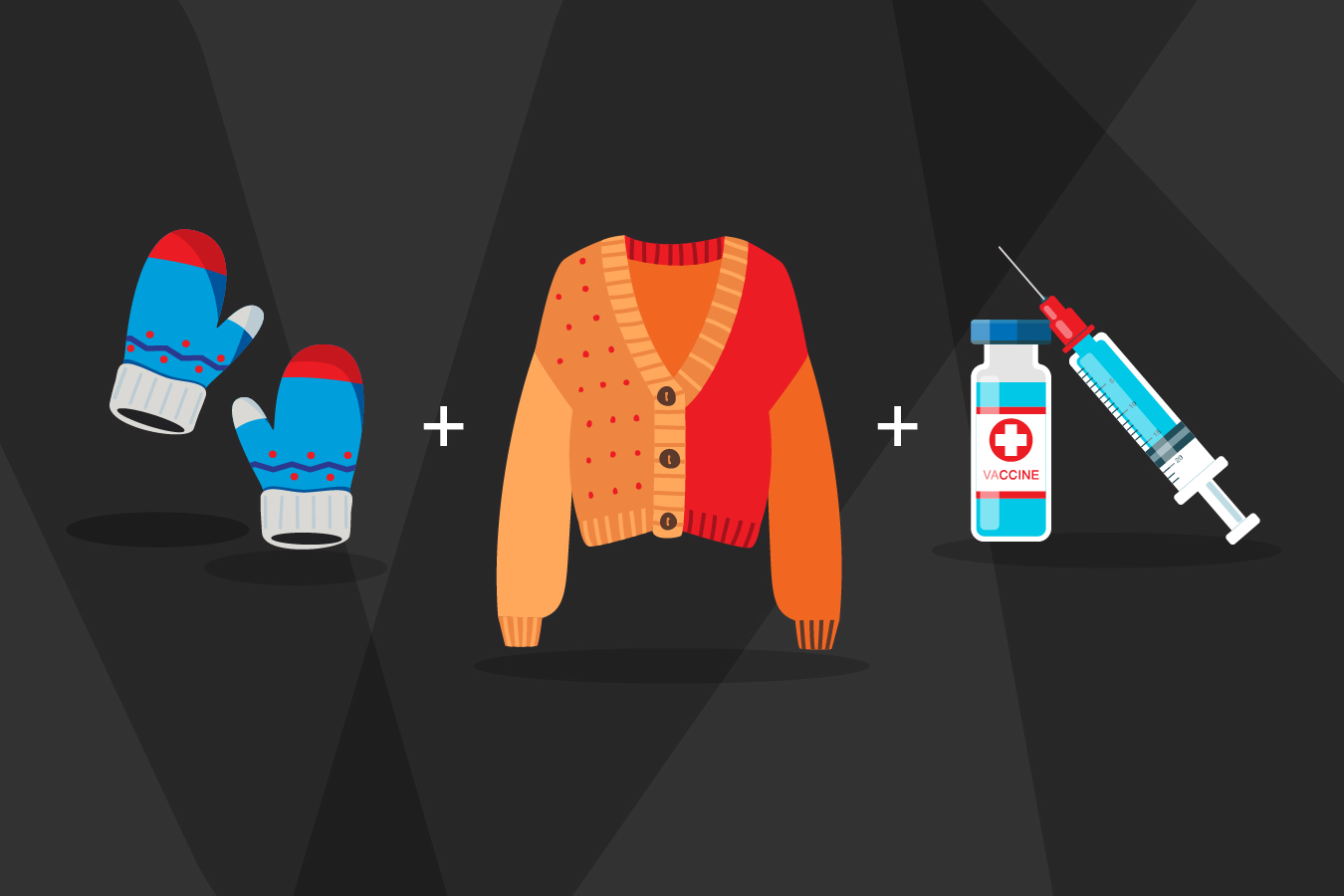 illustration of mittens, sweaters and a vaccine to layer up to stay protected