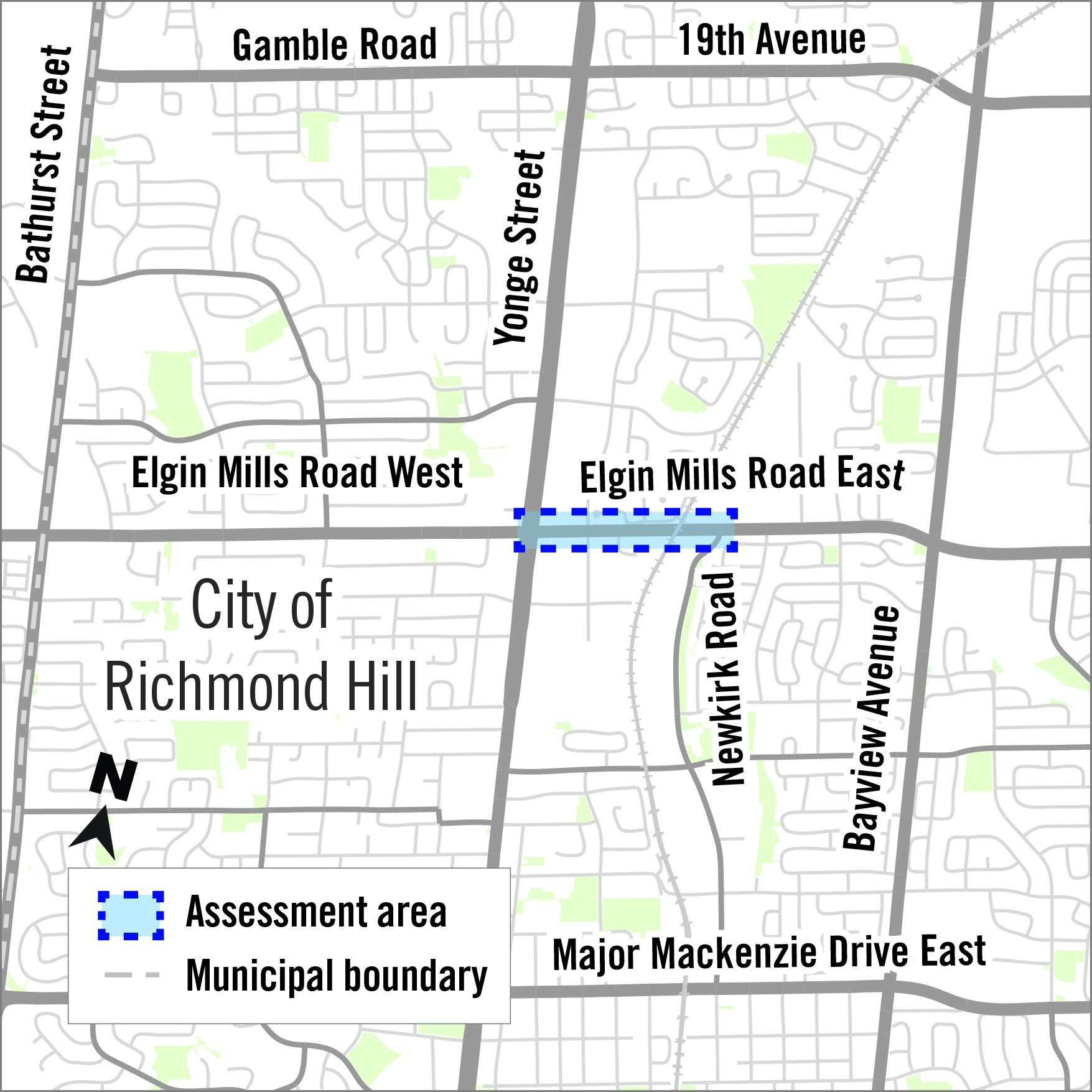 Map showing study area affecting Elgin Mills Road from Yonge Street to Newkirk Road