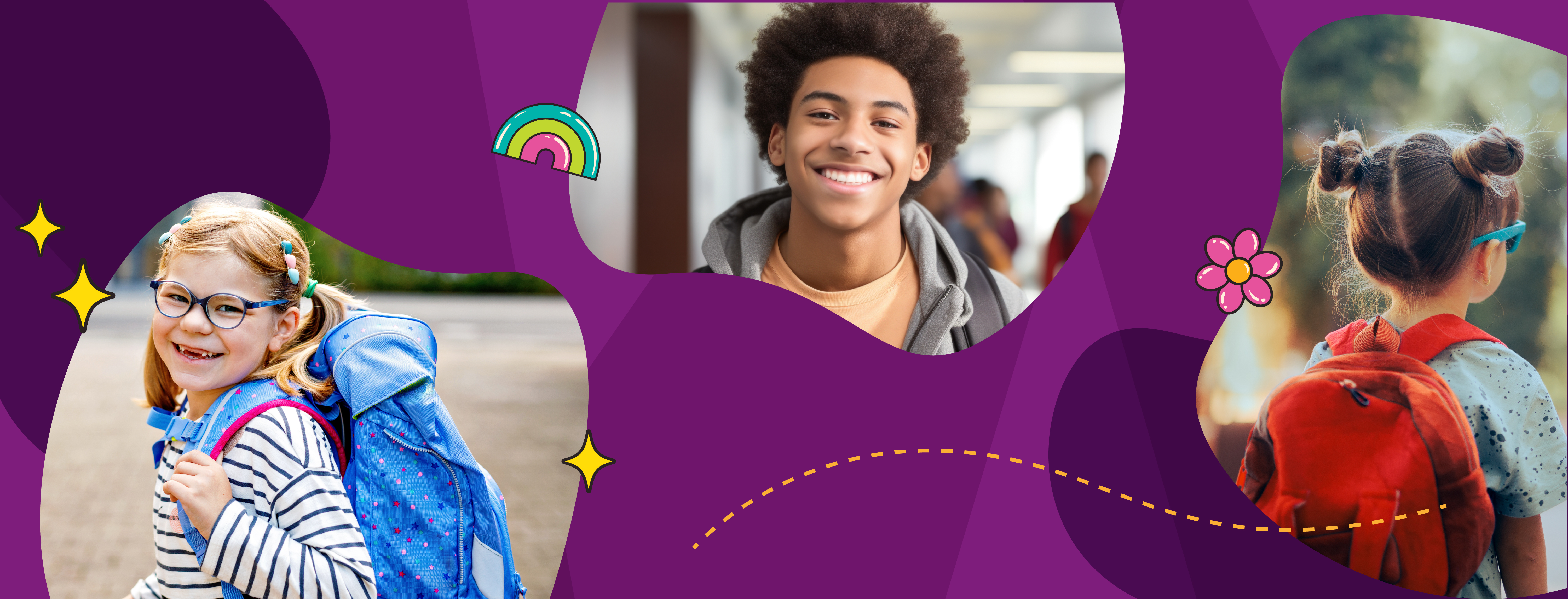 On a purple background, a collage of three students - one is smiling, wearing glasses and a blue backpack; one is smiling and wearing a peach t-shirt with a grey hoodie, the background is of a hallway at a school; a back of a student wearing a red backpack with two hair buns on their head