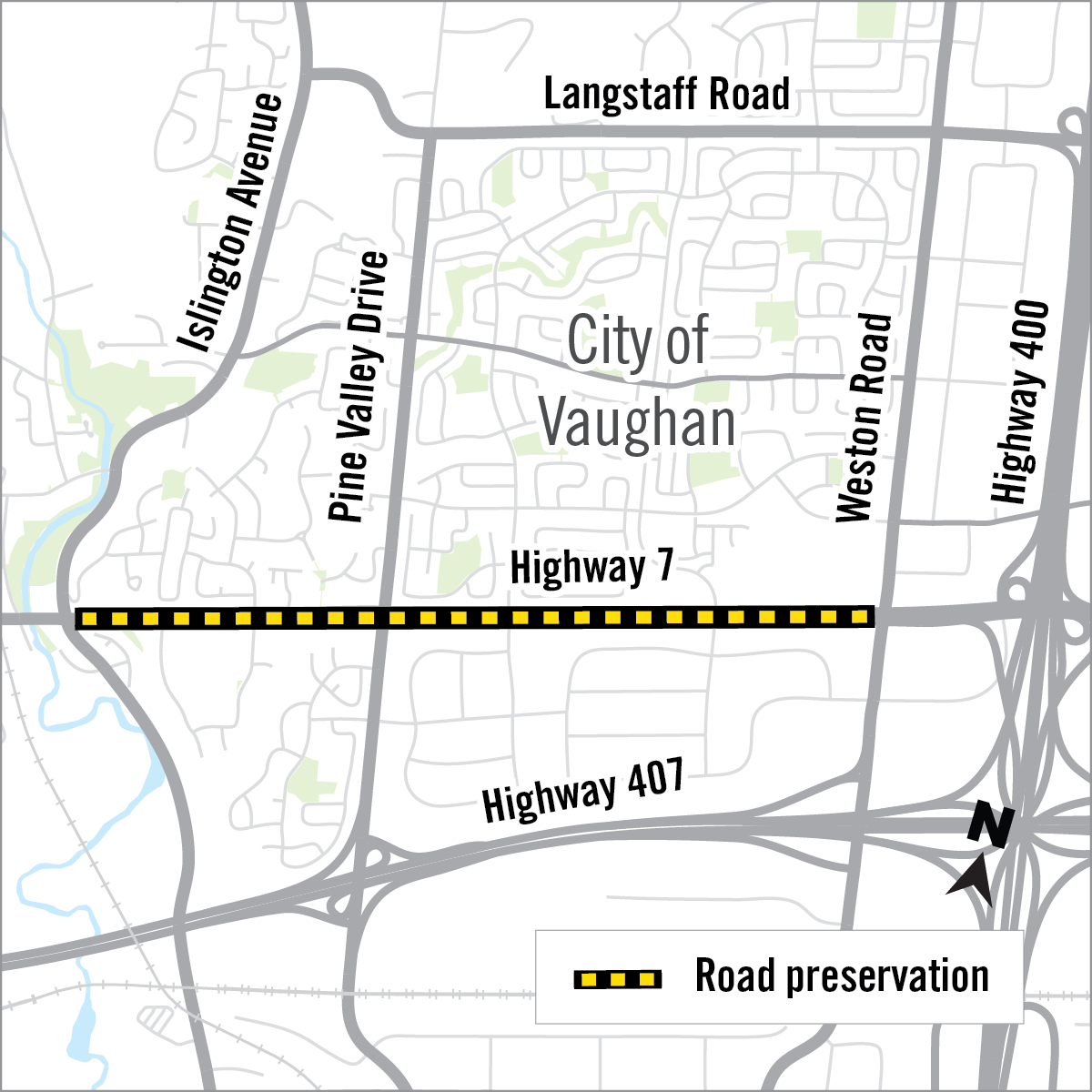 map of construction area along highway 7 in the city of vaughan