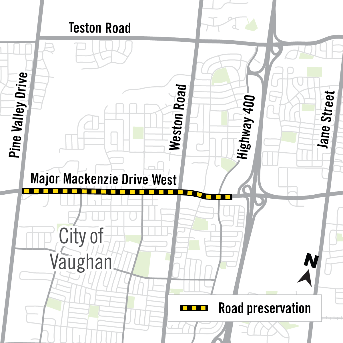 map of construction area along major mackenzie drive in the city of Vaughan