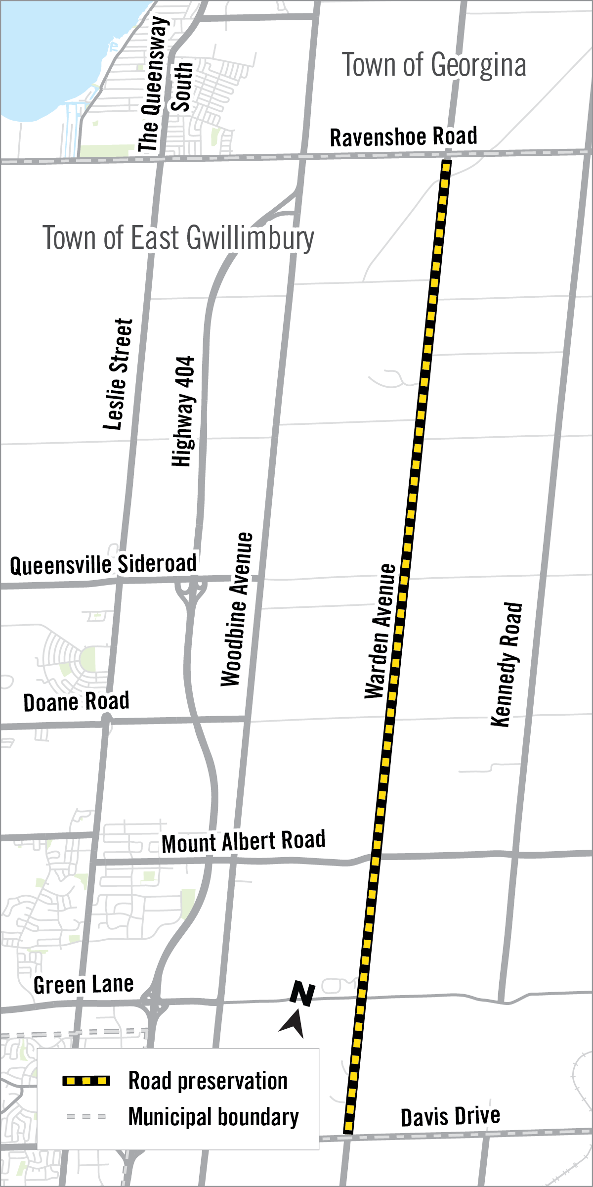 map of construction area along warden avenue in East Gwillimbury