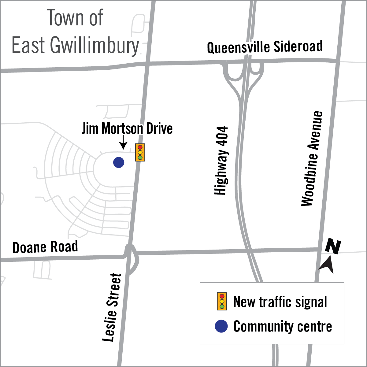 map of location where new traffic signals will be installed on Leslie street and Jim Mortson Drive.