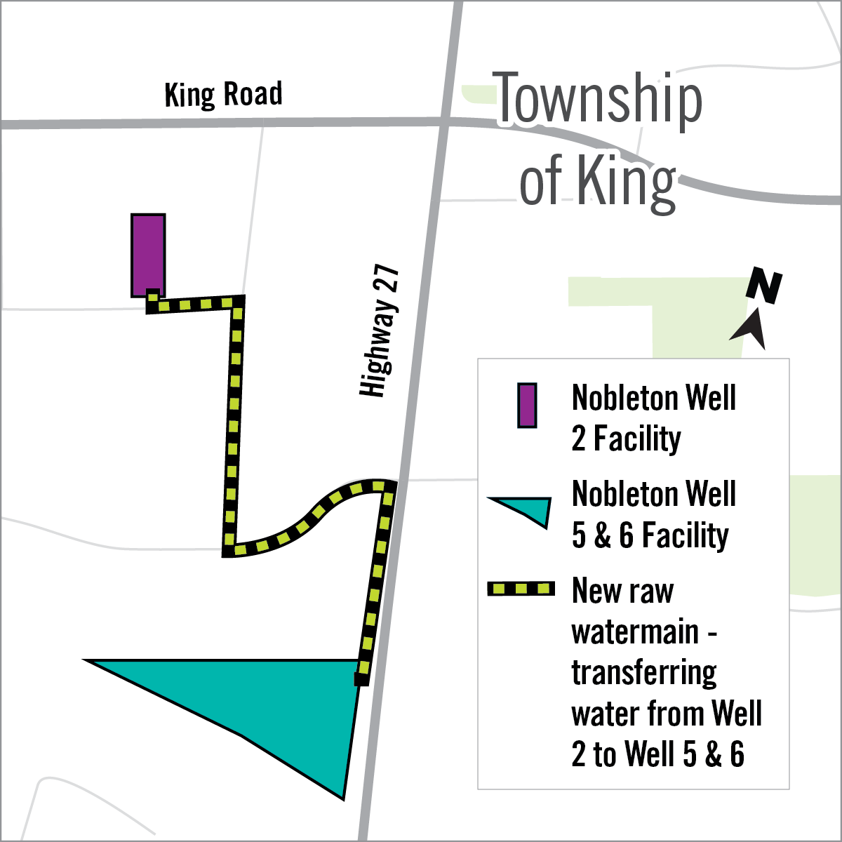 map of nobleton wells and new raw matermain trasnferring water from well 2 to well 5 and 6