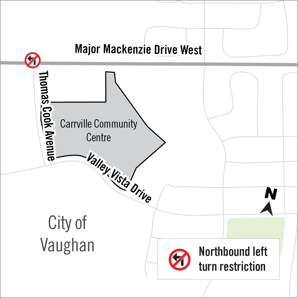 MMW_ThomastCook_NoLeft Major Mackenzie Drive West and Thomas Cook Ave - no left turns
