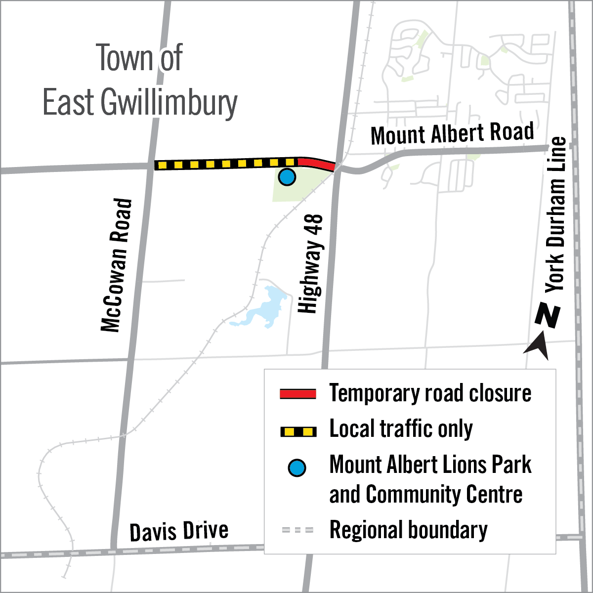 map of road closure on Mount Albert Road at Highway 48