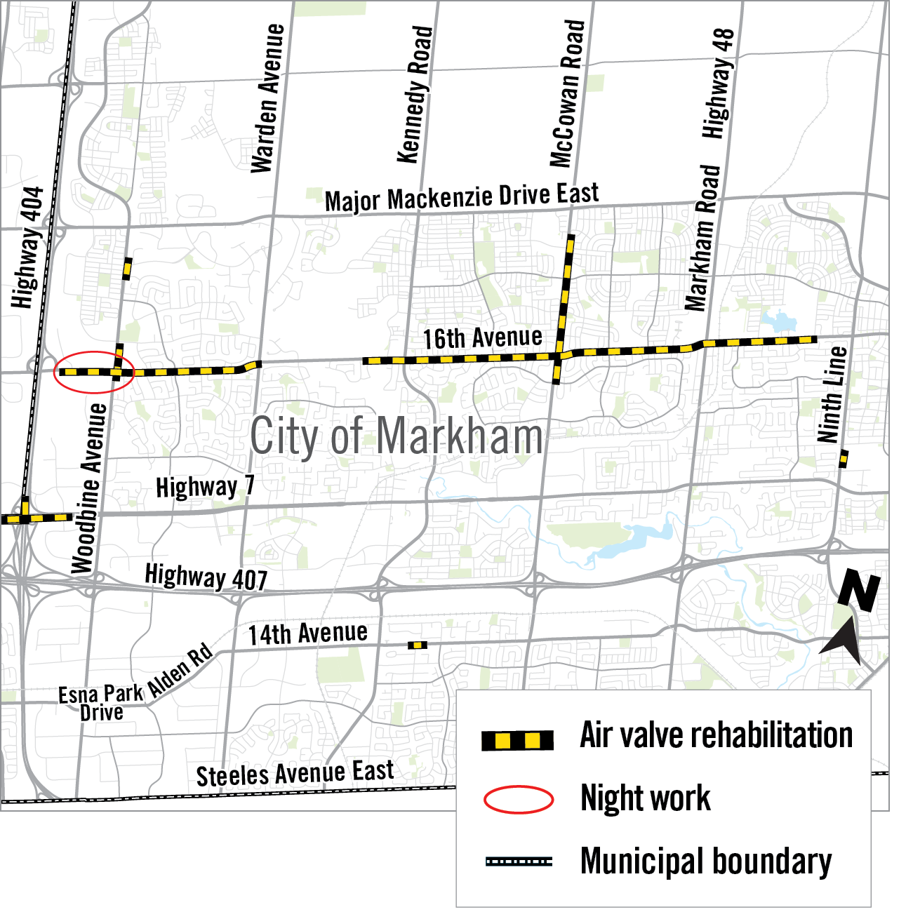 map of night work along 16th avenue in the City of Markham
