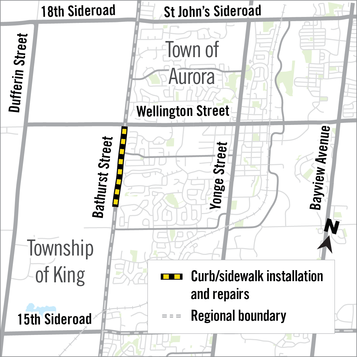 map of curb and sidewalk repairs along bathurst street in Aurora