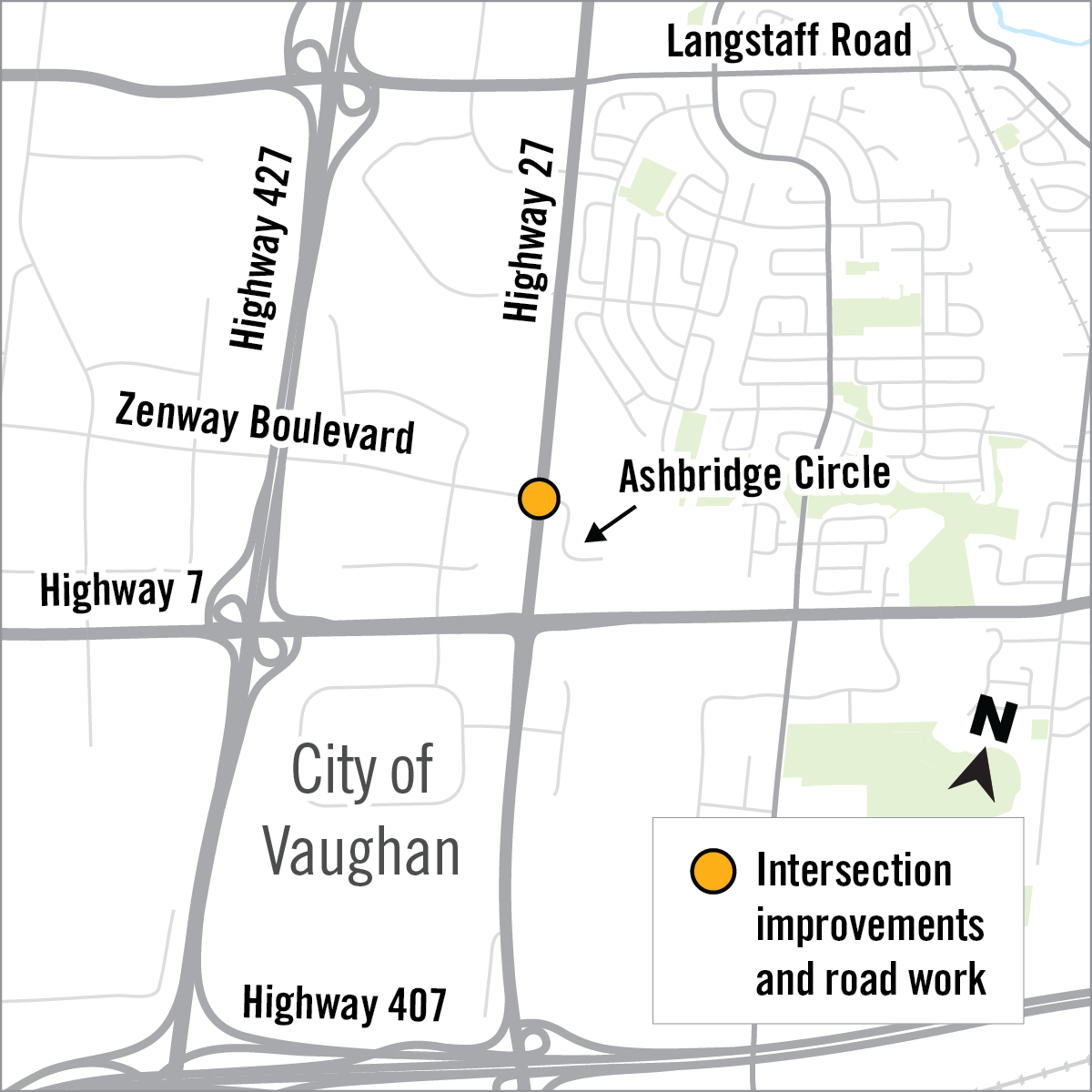 map of intersection improvement location along Highway 27 in Vaughan