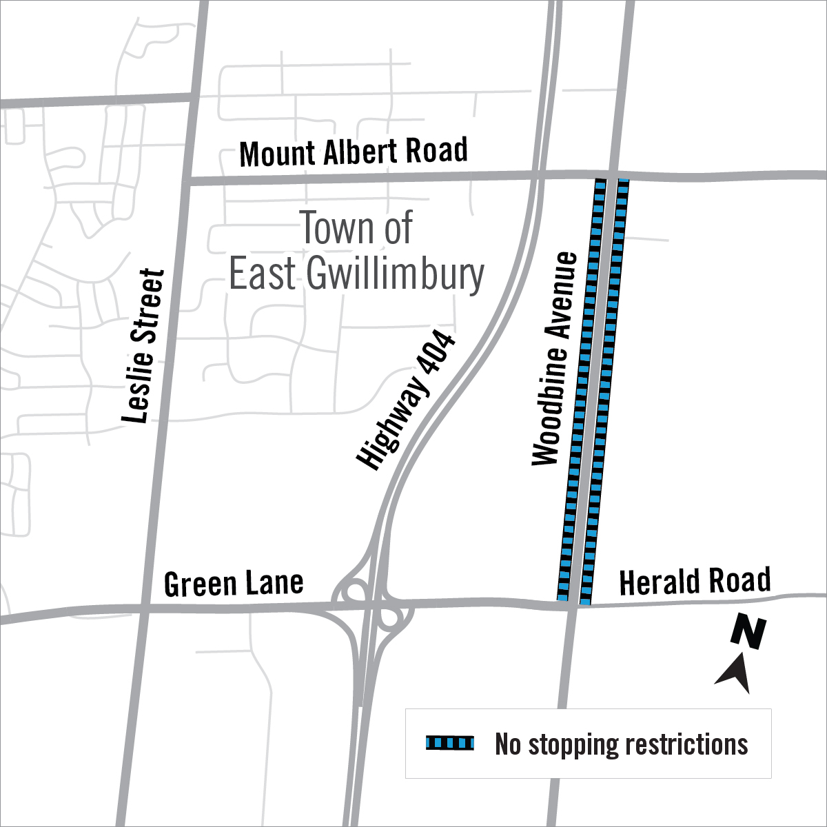 map of no stopping restrictions on Woodbine Ave