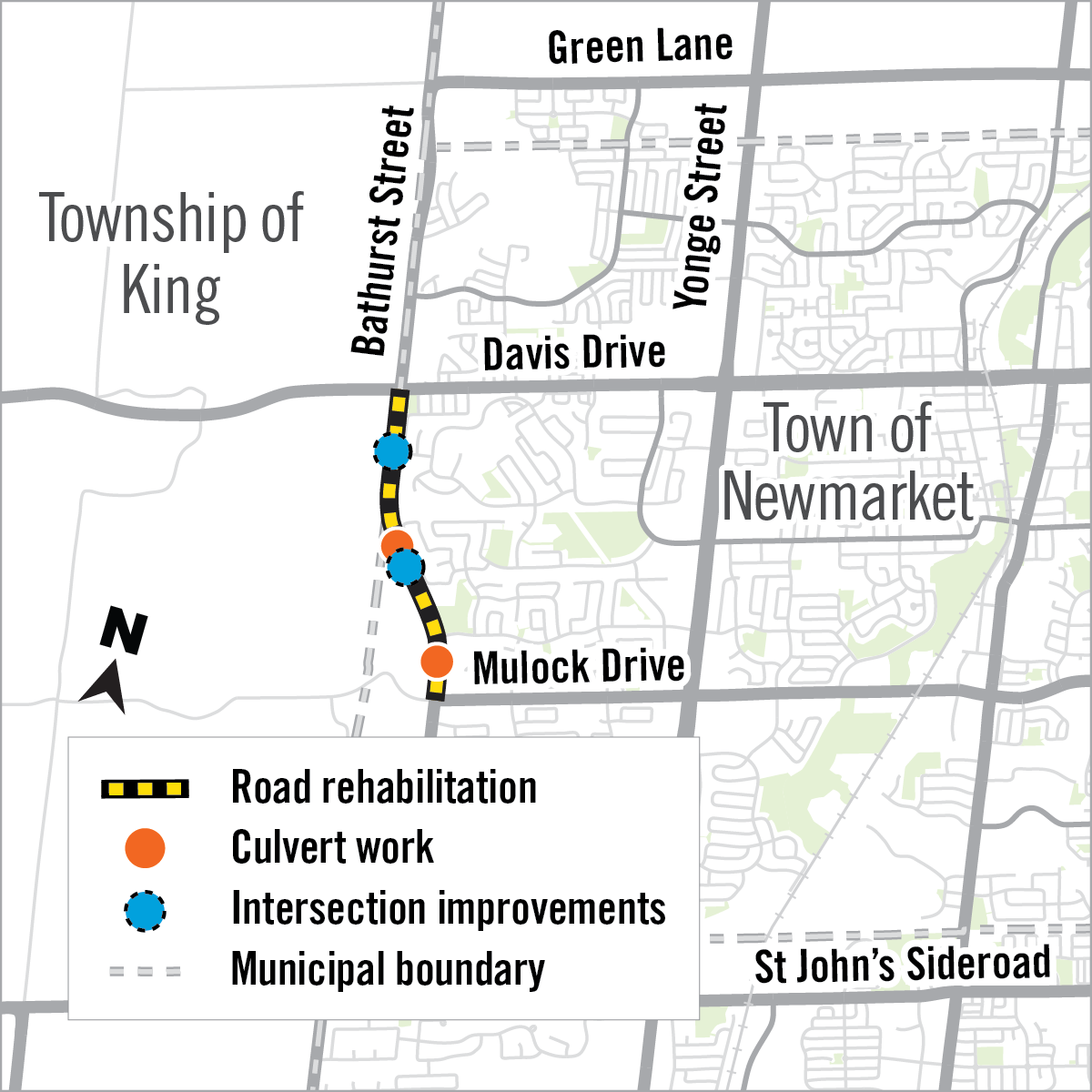 Map of construction along Bathurst Street from Mulock to Davis