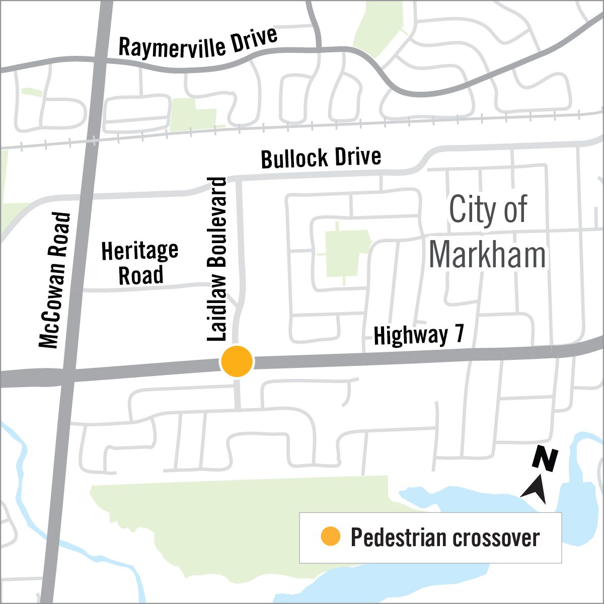 Map of pedestrian crossover location on Highway 7 and Laidlaw