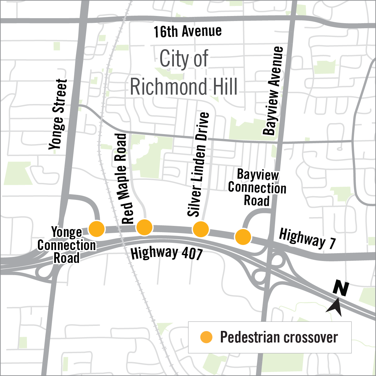 Map of pedestrian crossover locations on Highway 7 and Bayview