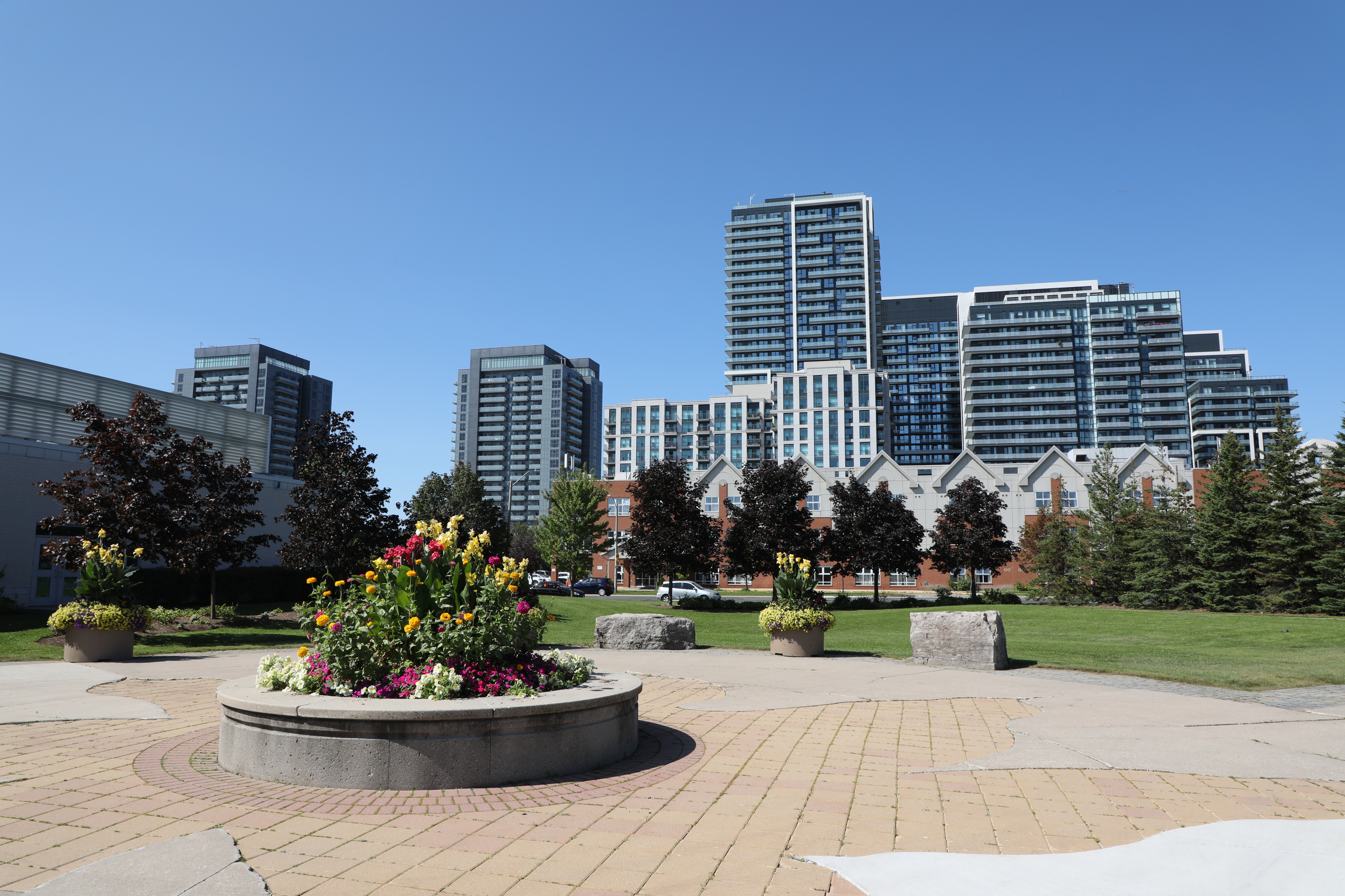 A town or city building with streetscape flowers and trees