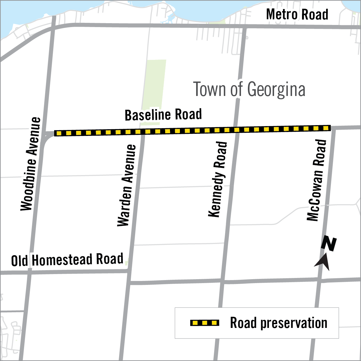 Map of construction area along baseline road in Town of Georgina