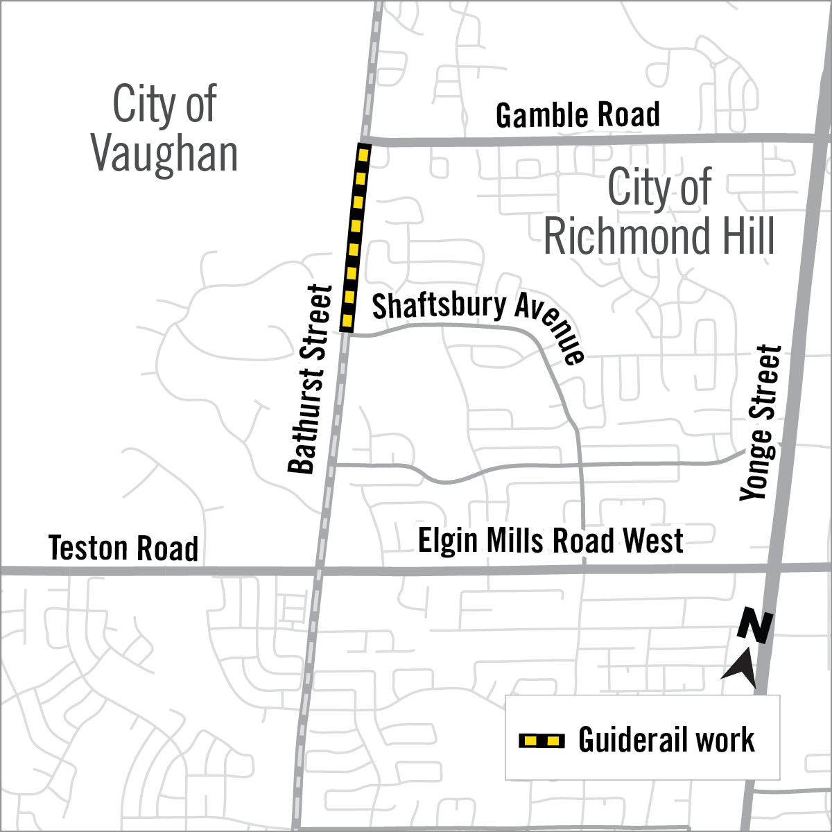 Map of guide rail installation locations along Bathurst Street