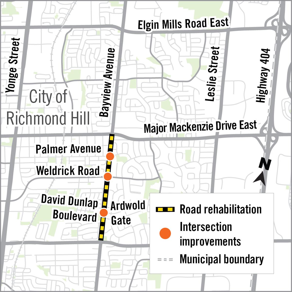 Map showing construction area affecting Bayview Avenue from 16th Avenue to Major Mackenzie Drive