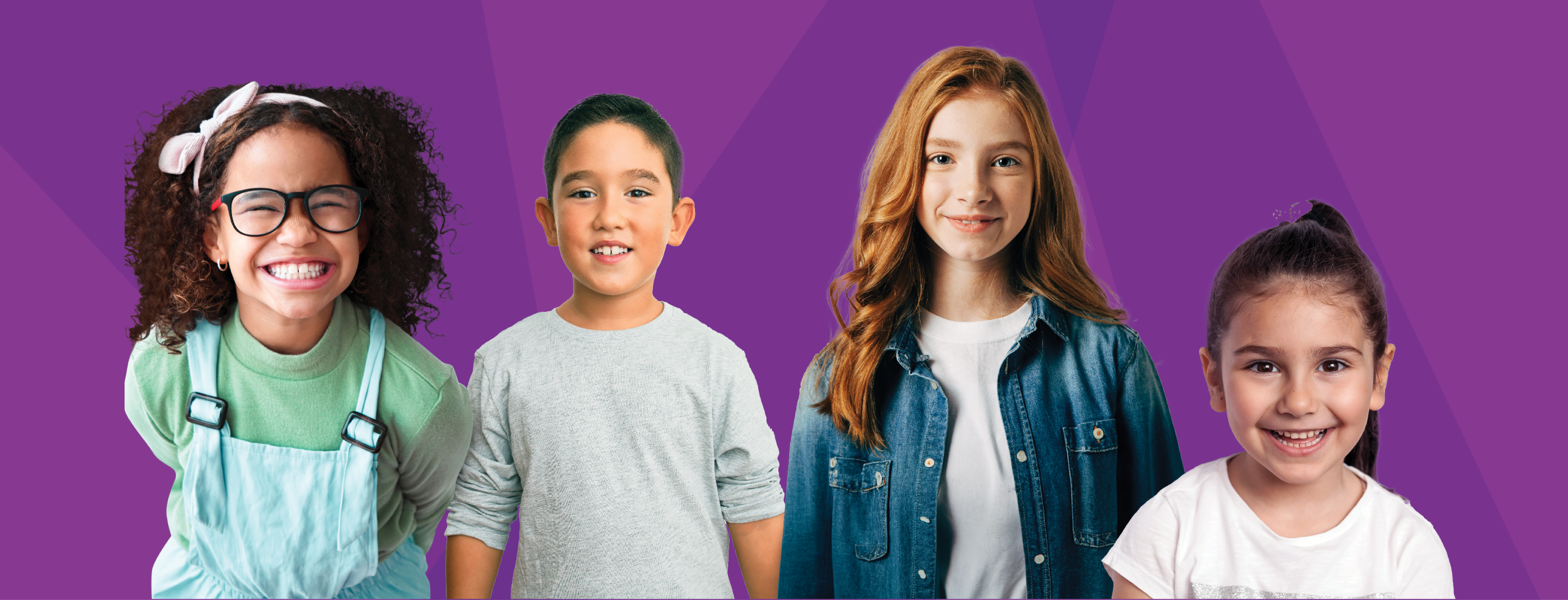 Four children of different ages standing in a row against a purple geometric background, wearing casual spring outfits.