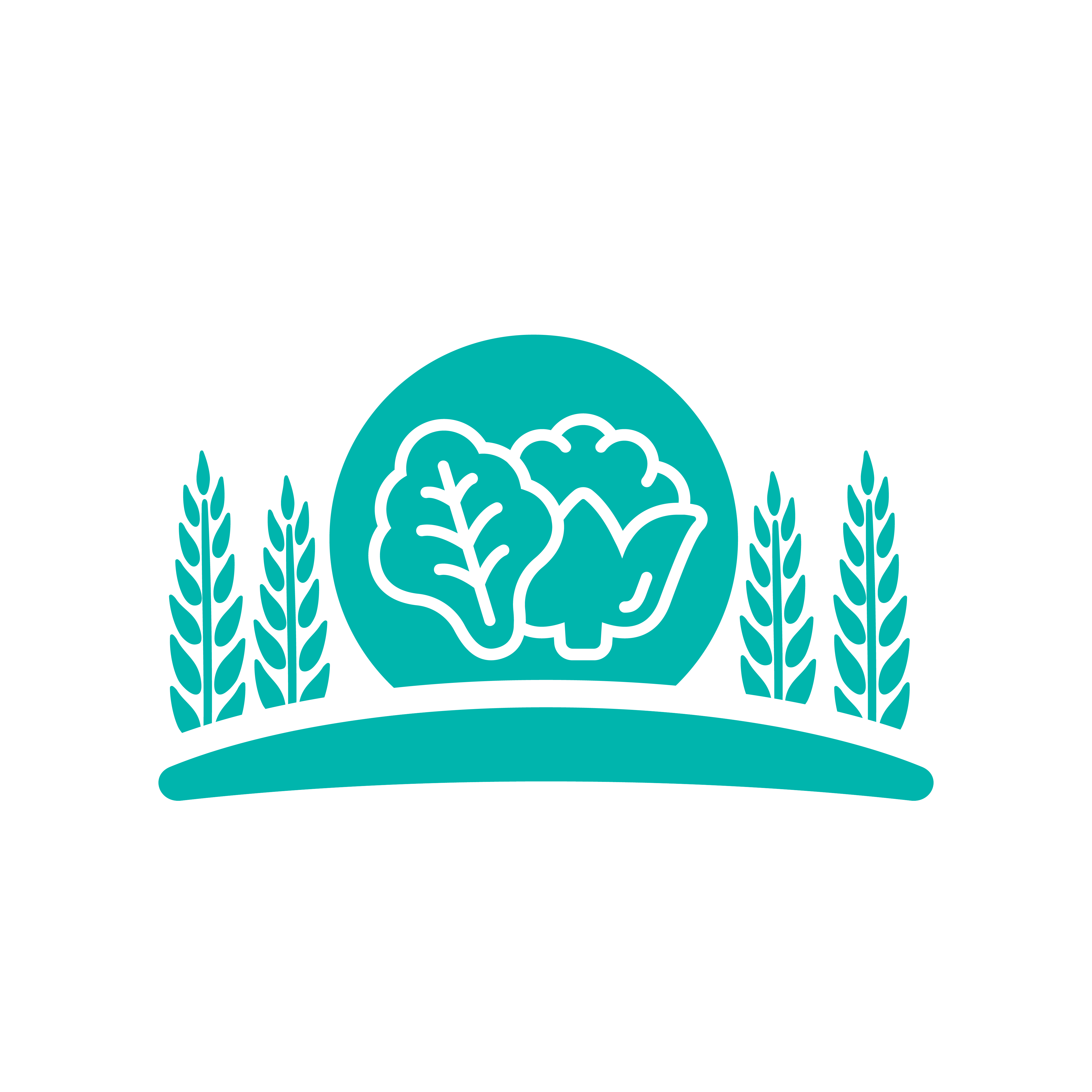 Vegetables inside a round shape with trees on each side representing the food systems