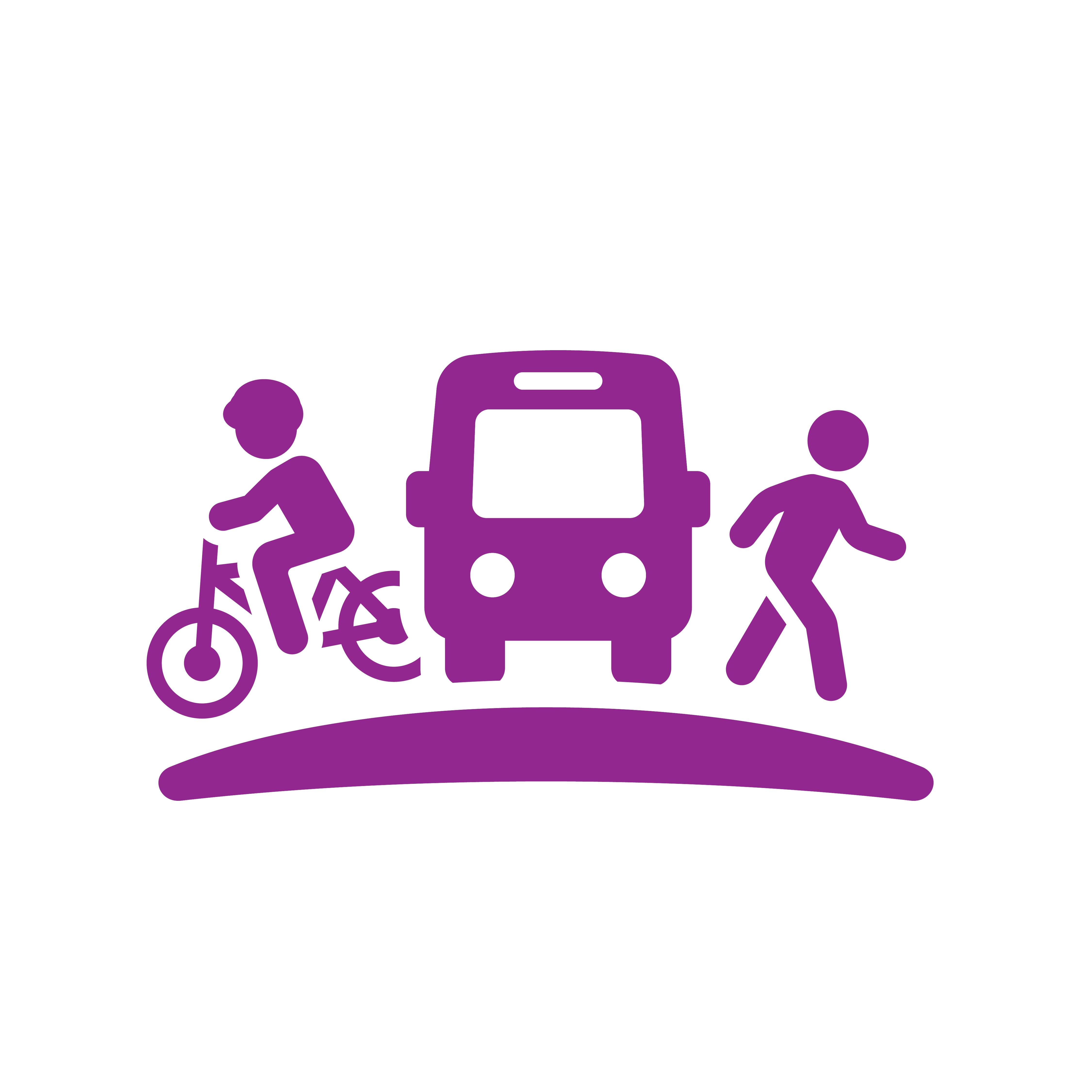 A person riding a bike, a bus and a person walking representing transportation networks