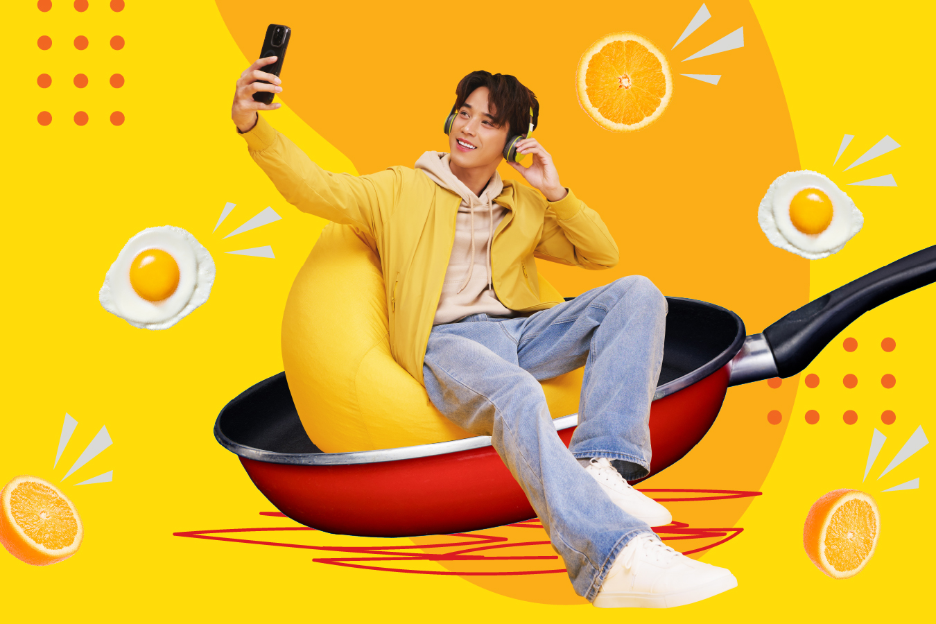 A person sits on a large frying pan while taking a selfie, surrounded by playful graphics of fried eggs, orange slices, and bright yellow shapes on a vibrant yellow background