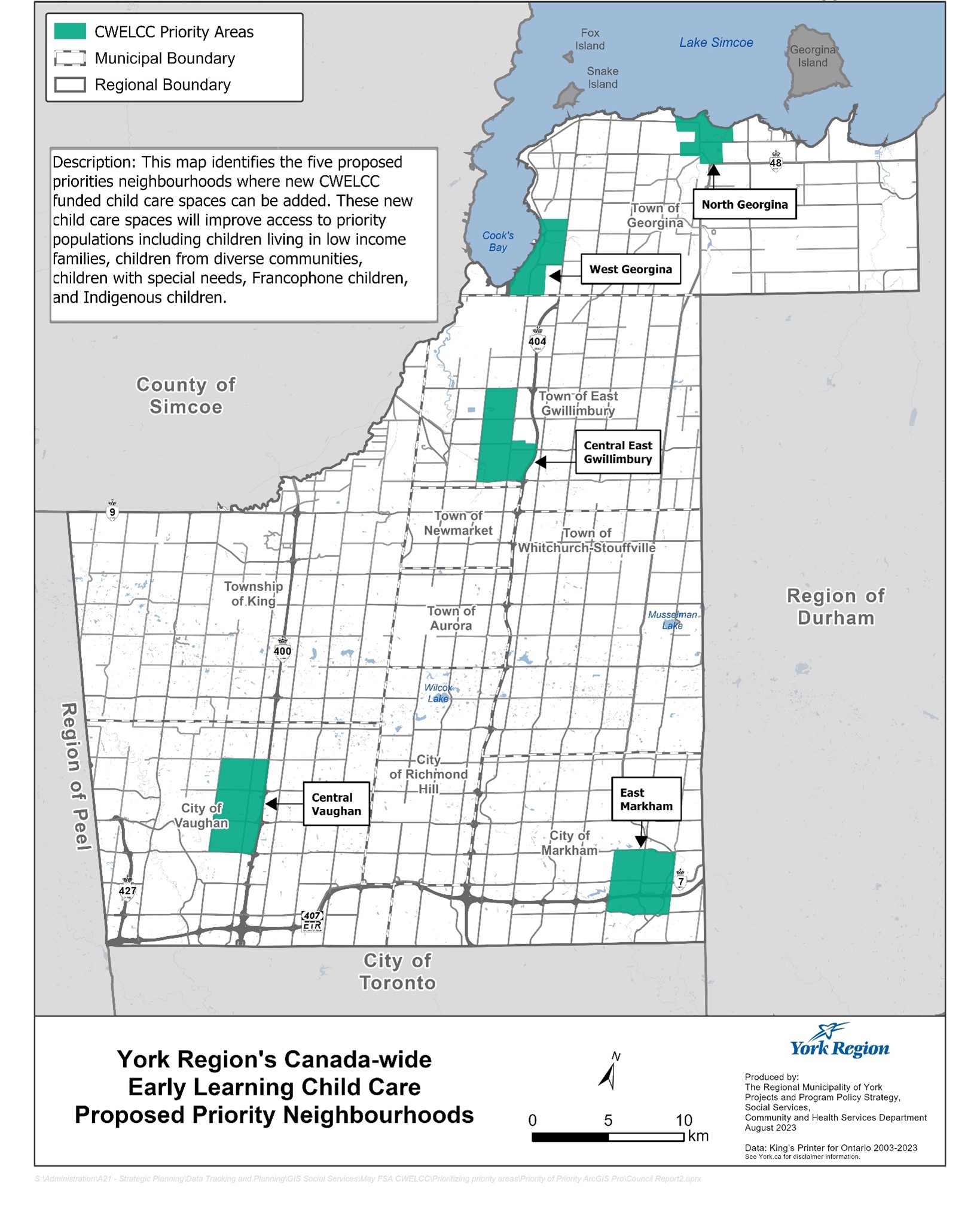 This Map identifies the five proposed priorities neighbourhoods where new funding child care spaces can be added. CWELCC Priority Areas for York Region