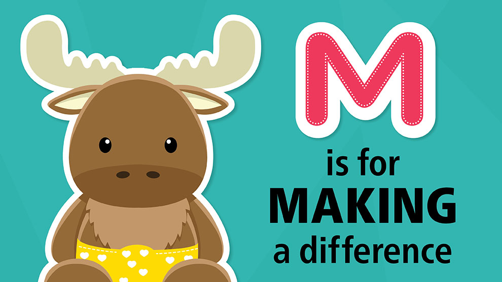 a cartoon baby mouse wearing a diaper and a message that says m is for making a difference