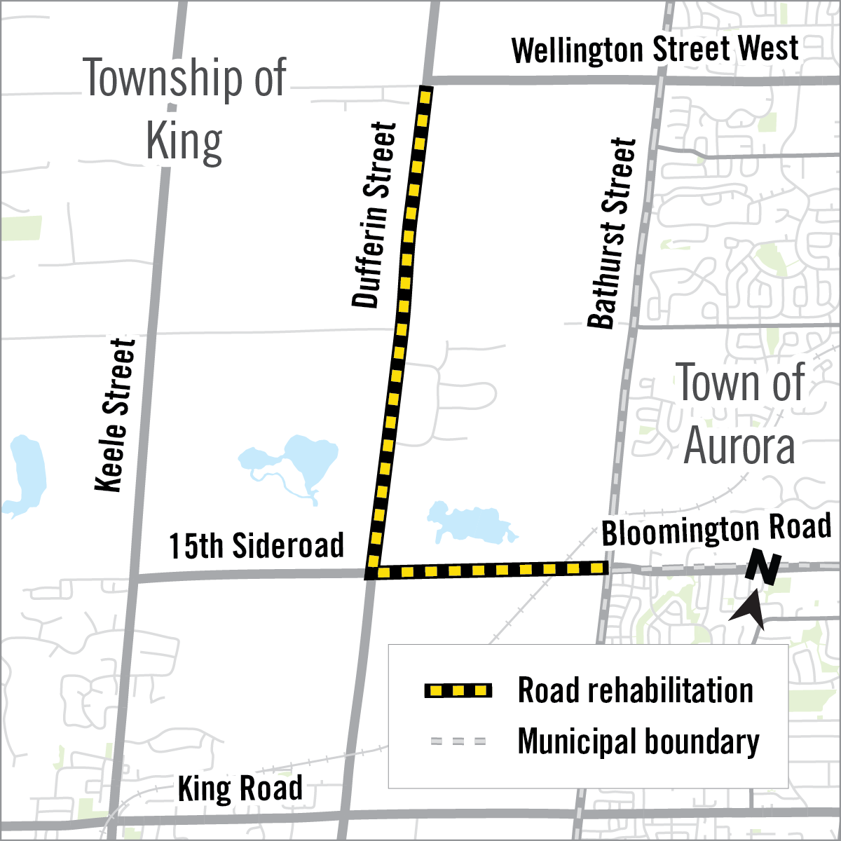 Map of construction area on Dufferin Street from 15th Sideroad to Wellington Street West and on 15th Sideroad from Dufferin Street to Bathurst Street