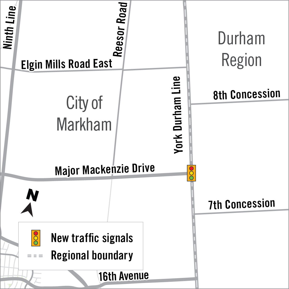 Map of new traffic signal at Major Mackenzie Drive and York Durham Line