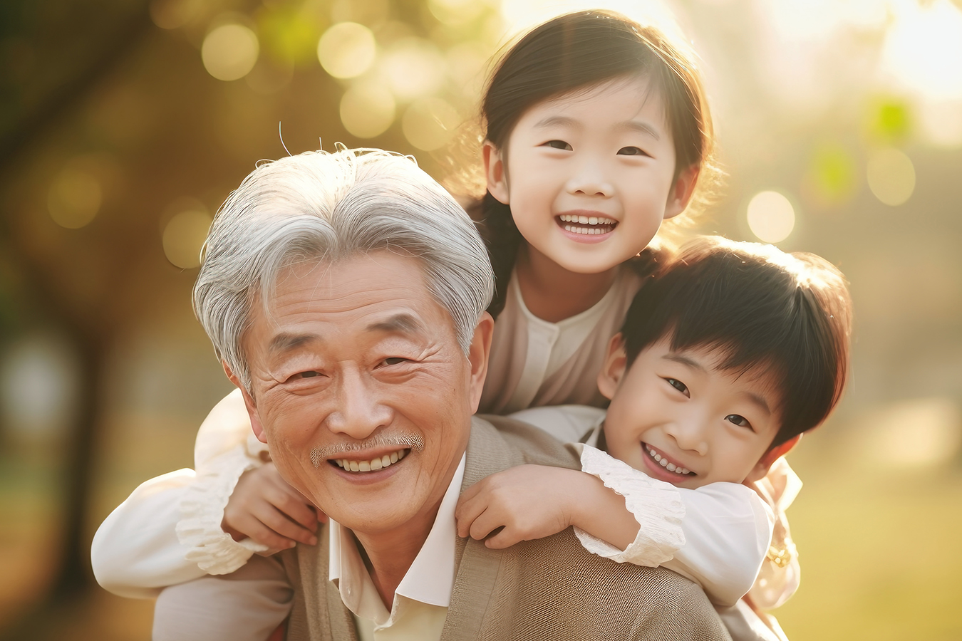 grandfather with boy and girl smiling at camera