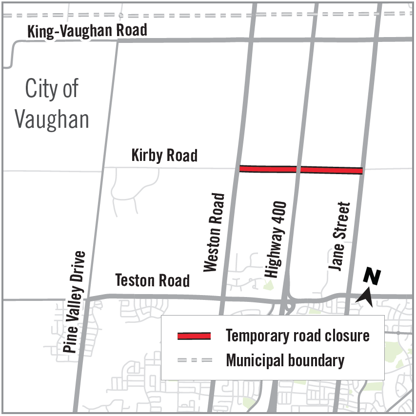 map of temporary road closure along Kirby Road in Vaughan