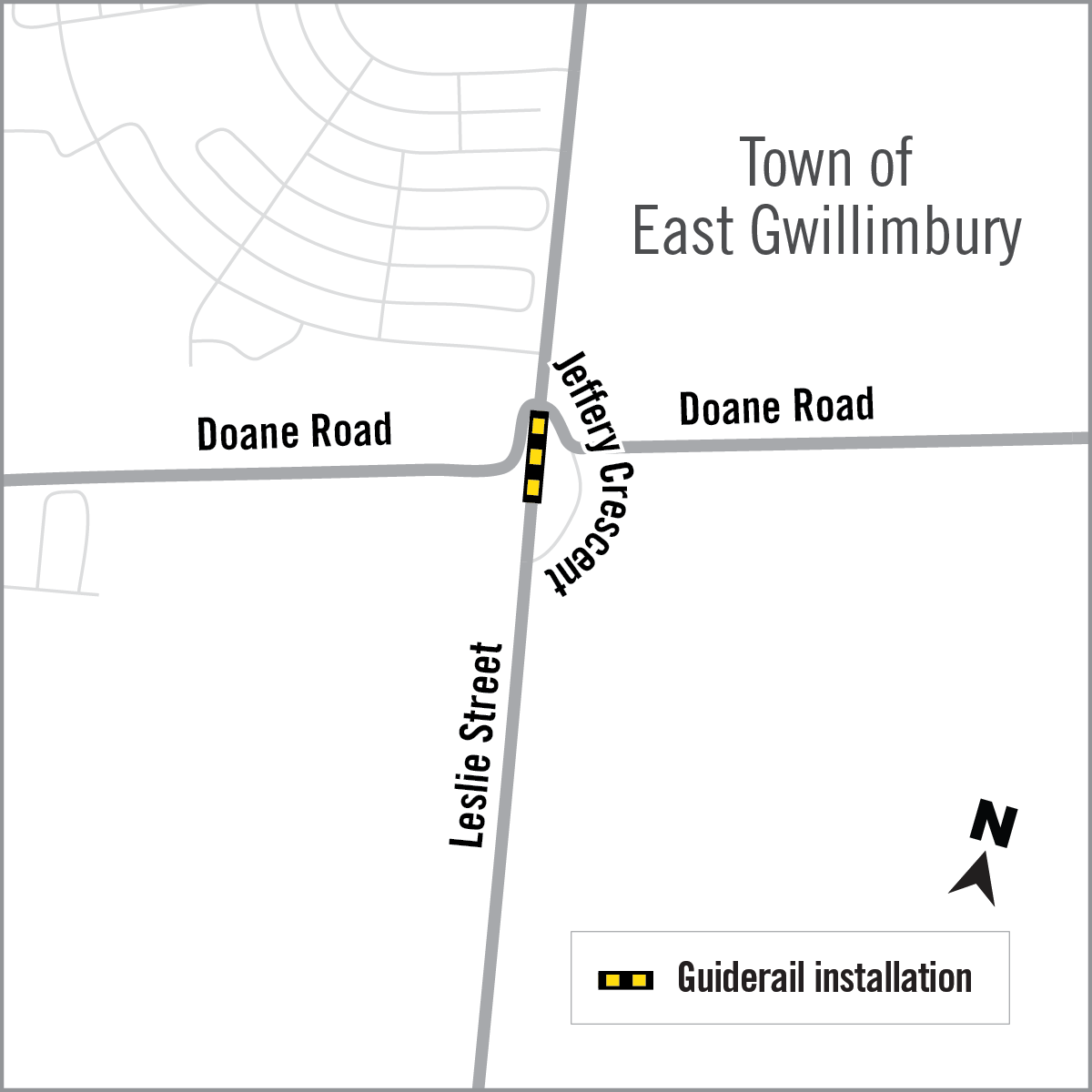Map of guiderail installation location on Leslie Street