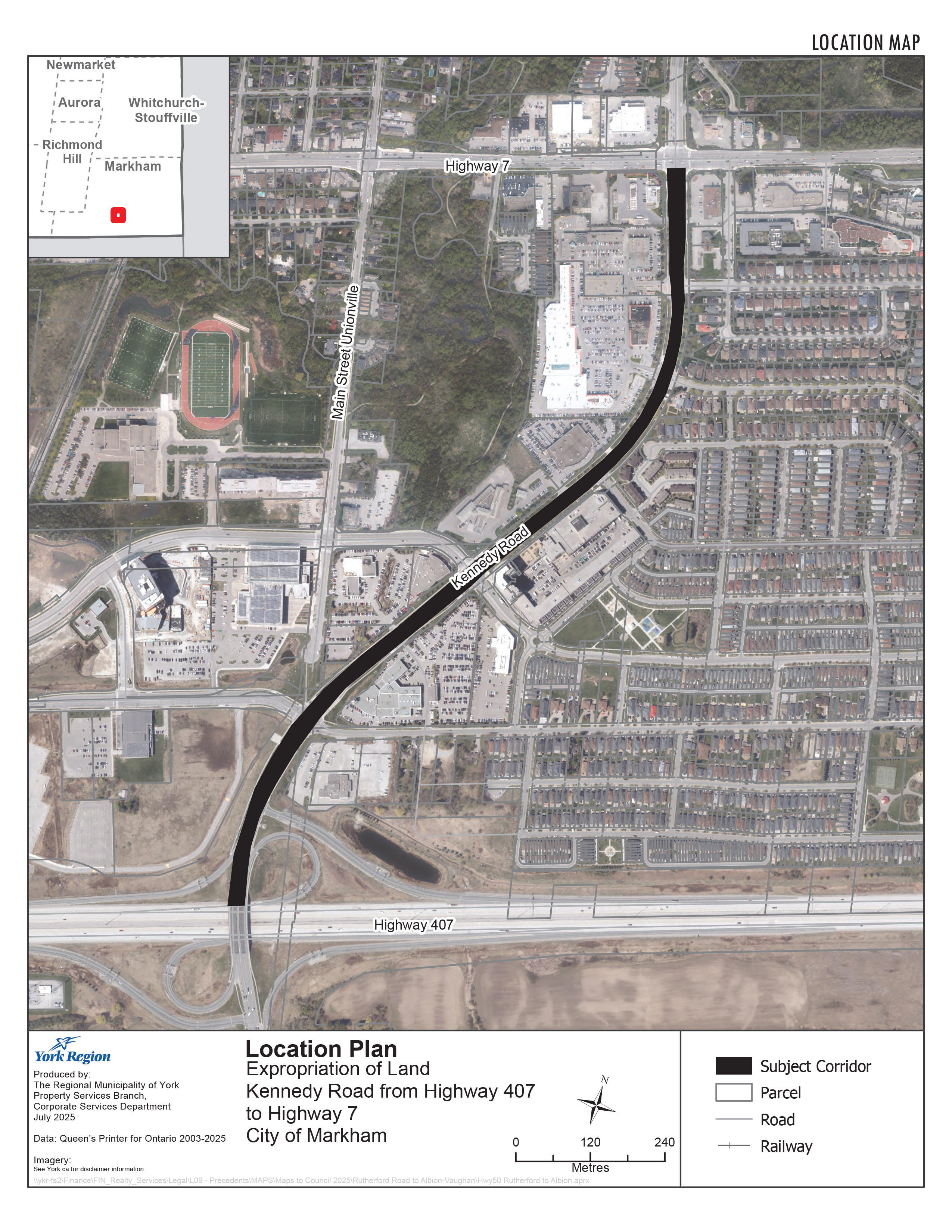 Location map showing Kennedy Road from Highway 404 to Highway 7