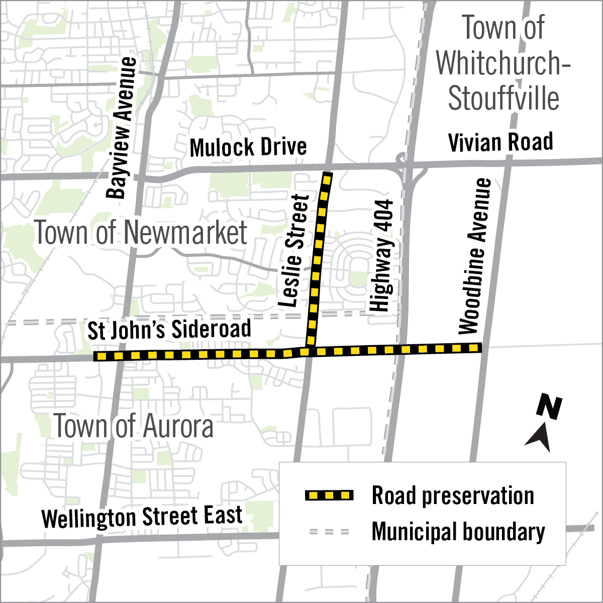 map of construction area on leslie street and st johns sideroad