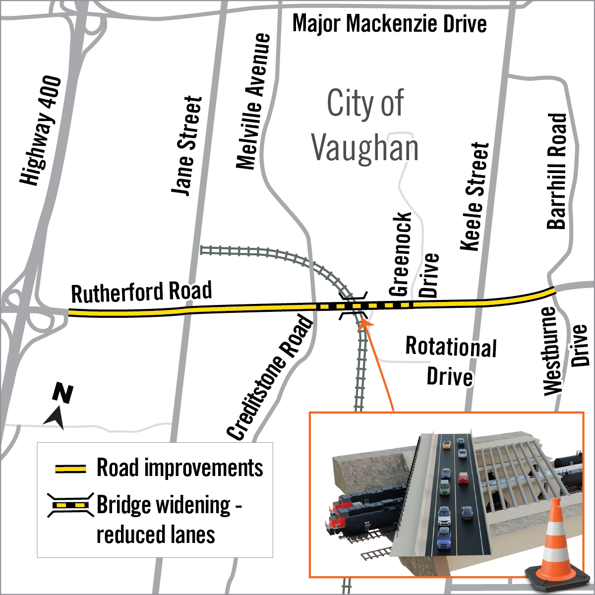 Map of lane reductions along Rutherford Road