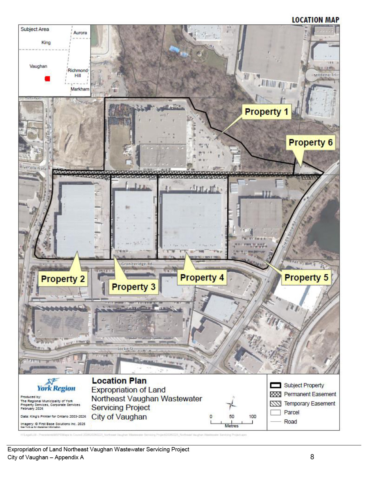 Location Map displaying six properties for the expropriation of land for the Northeast Vaughan Wastewater Servicing Project in the City of Vaughan