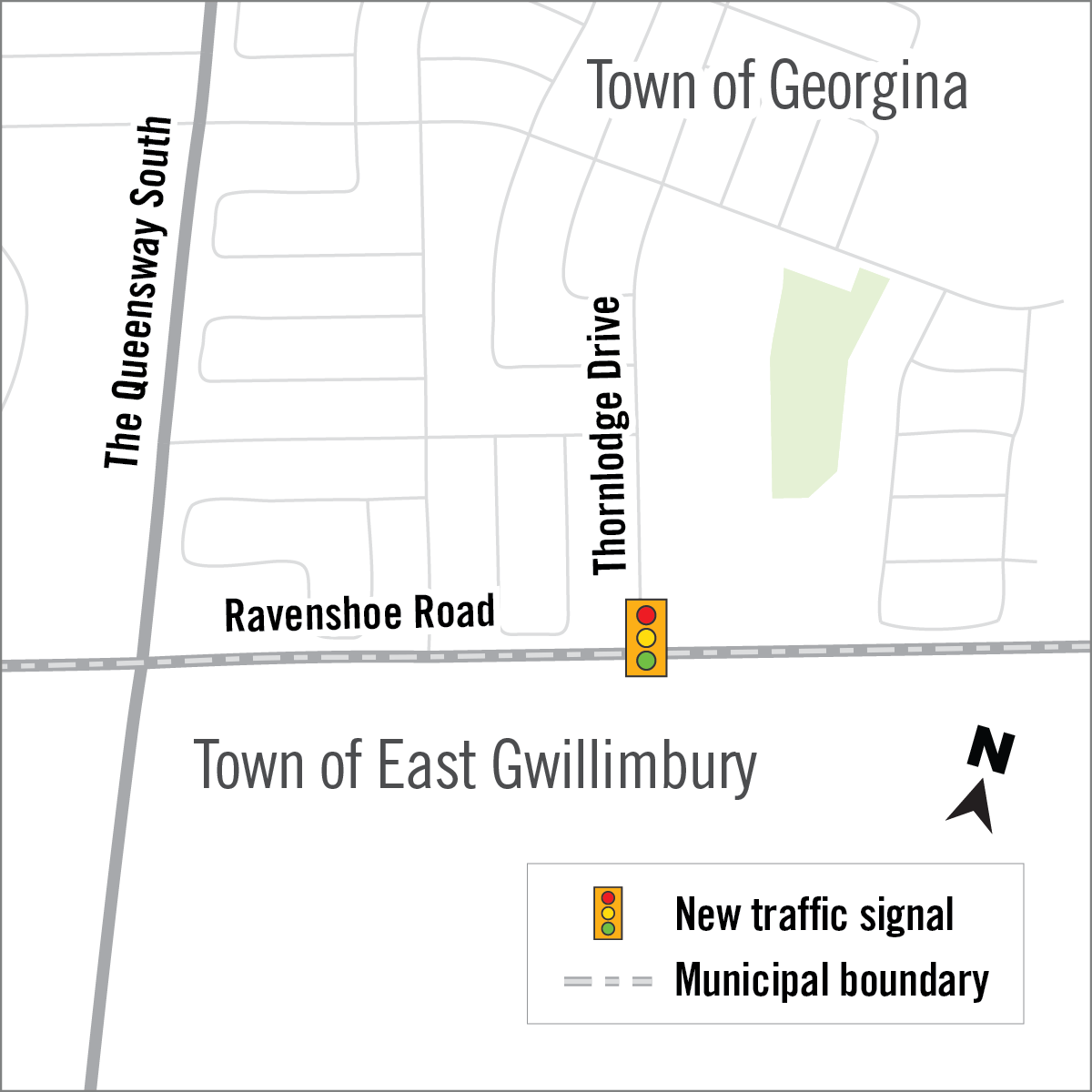 Map of traffic signal installation location on Ravenshoe Road and Thornlodge Drive in the town of georgina