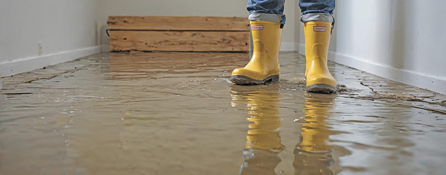 ReduceInflowAndInfiltrationHeader a home owner standing in a flooded house