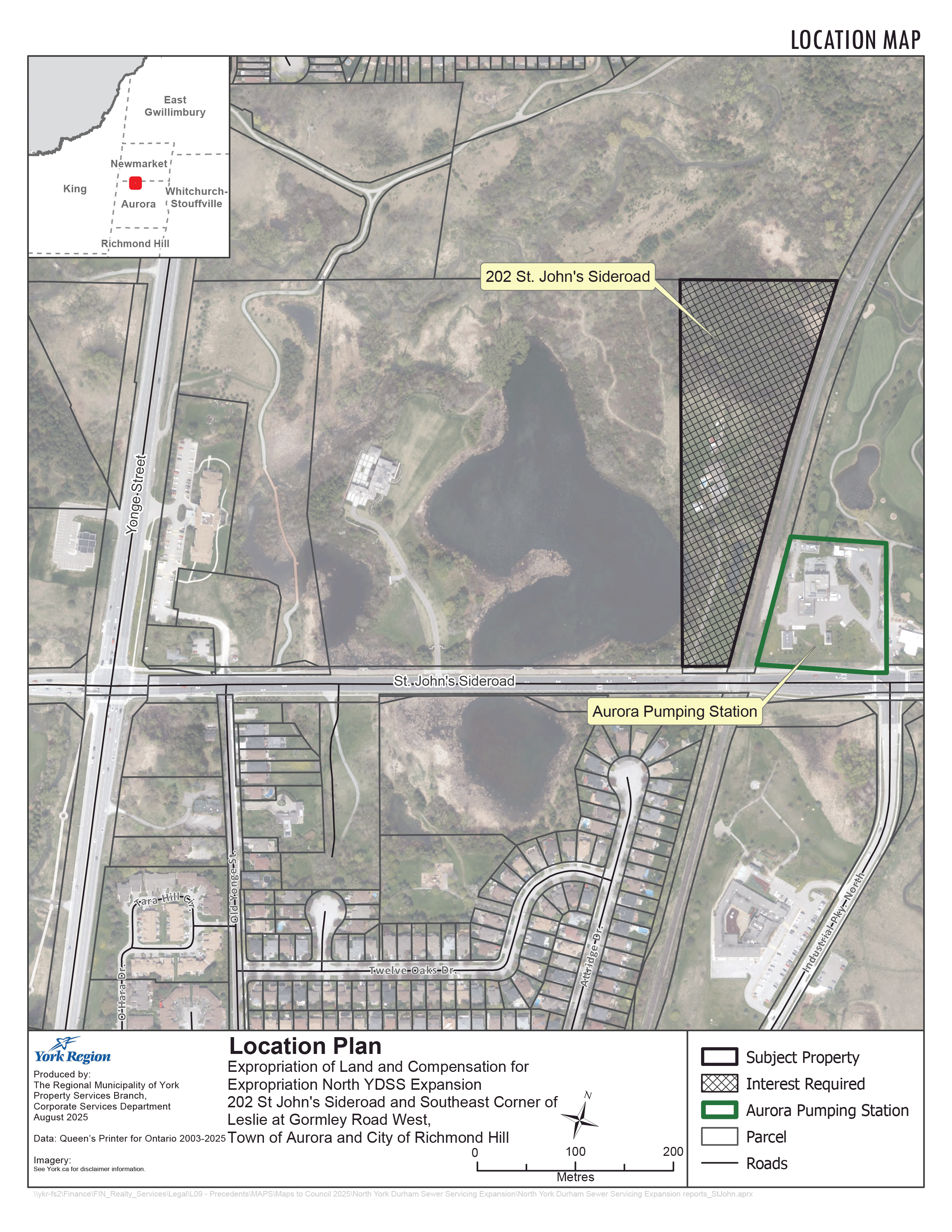 North YDSS location map featuring 202 St. John's Sideroad and Aurora Pumping Station