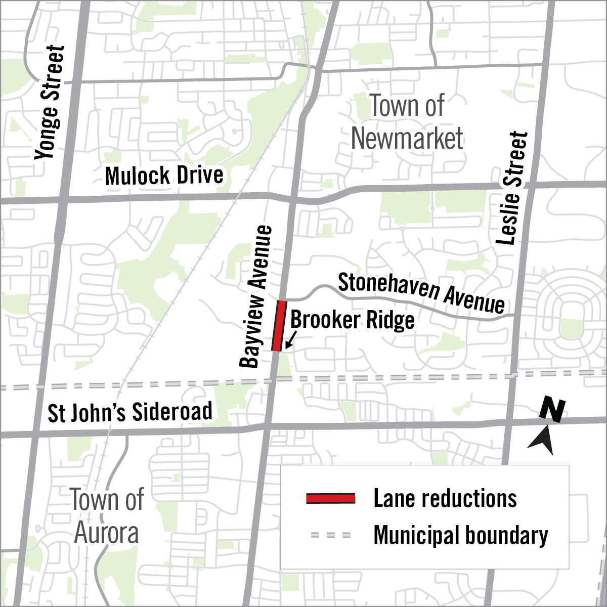 Map of lane reduction location along Bayview Avenue in the Town of Newmarket