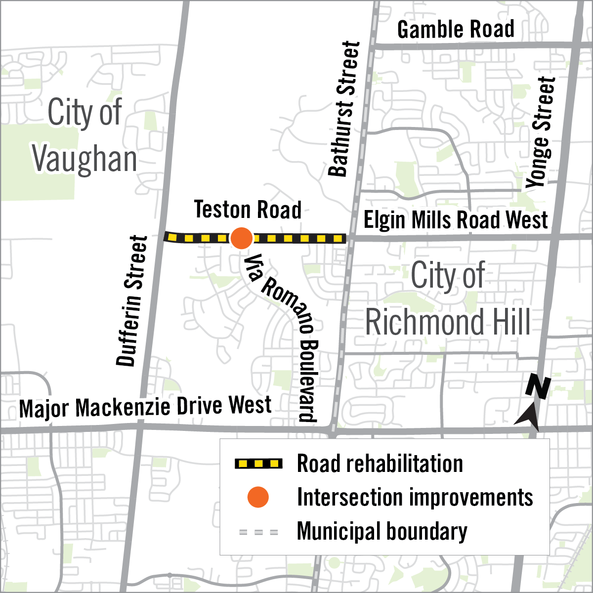 Map of construction area along Teston Road