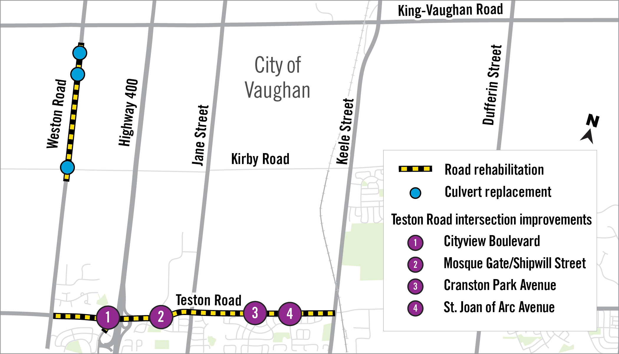Map showing construction area affecting Teston Road, Cityview Boulevard and Weston Road.