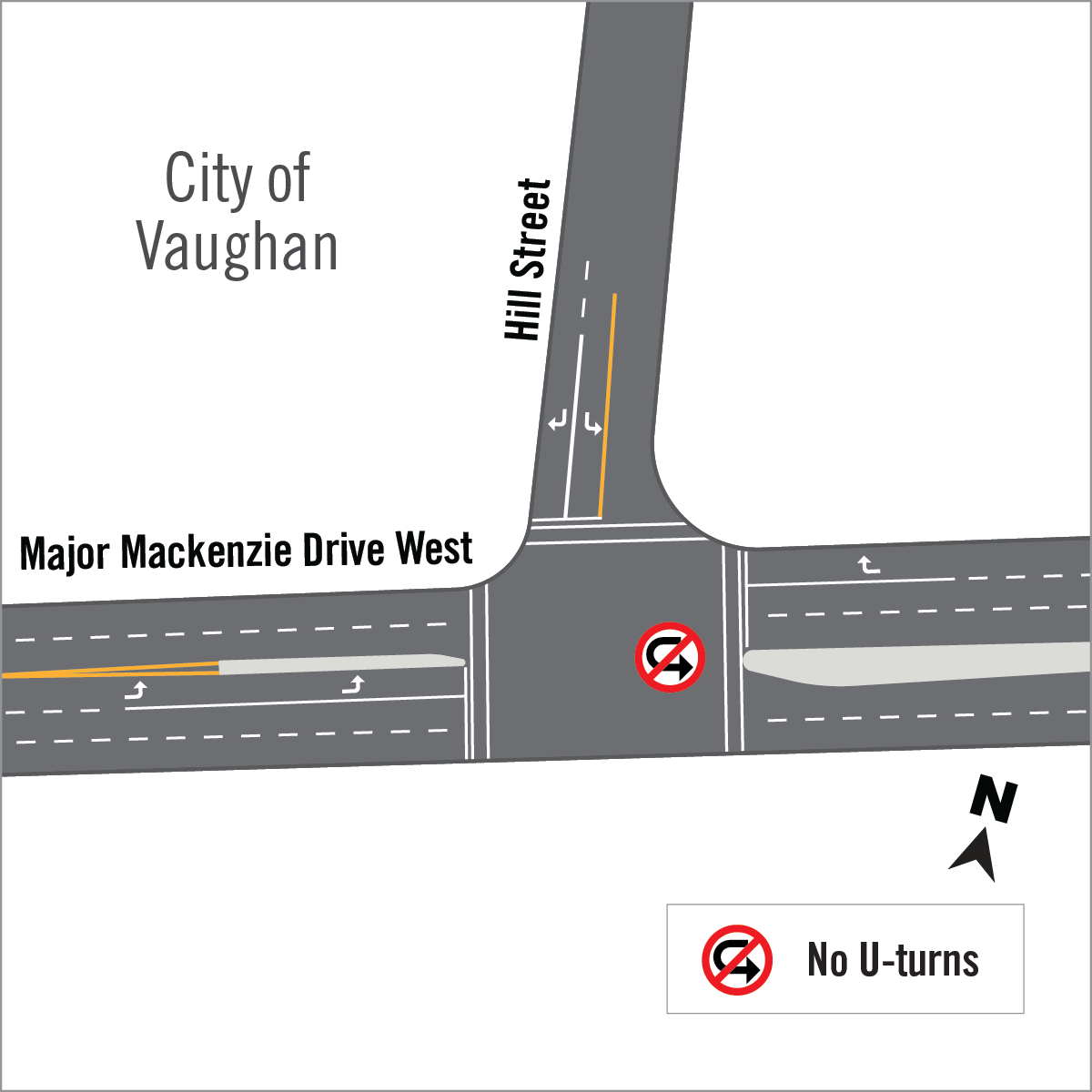 map of Westbound U-turn restriction at the intersection of Major Mackenzie Drive and Hill Street