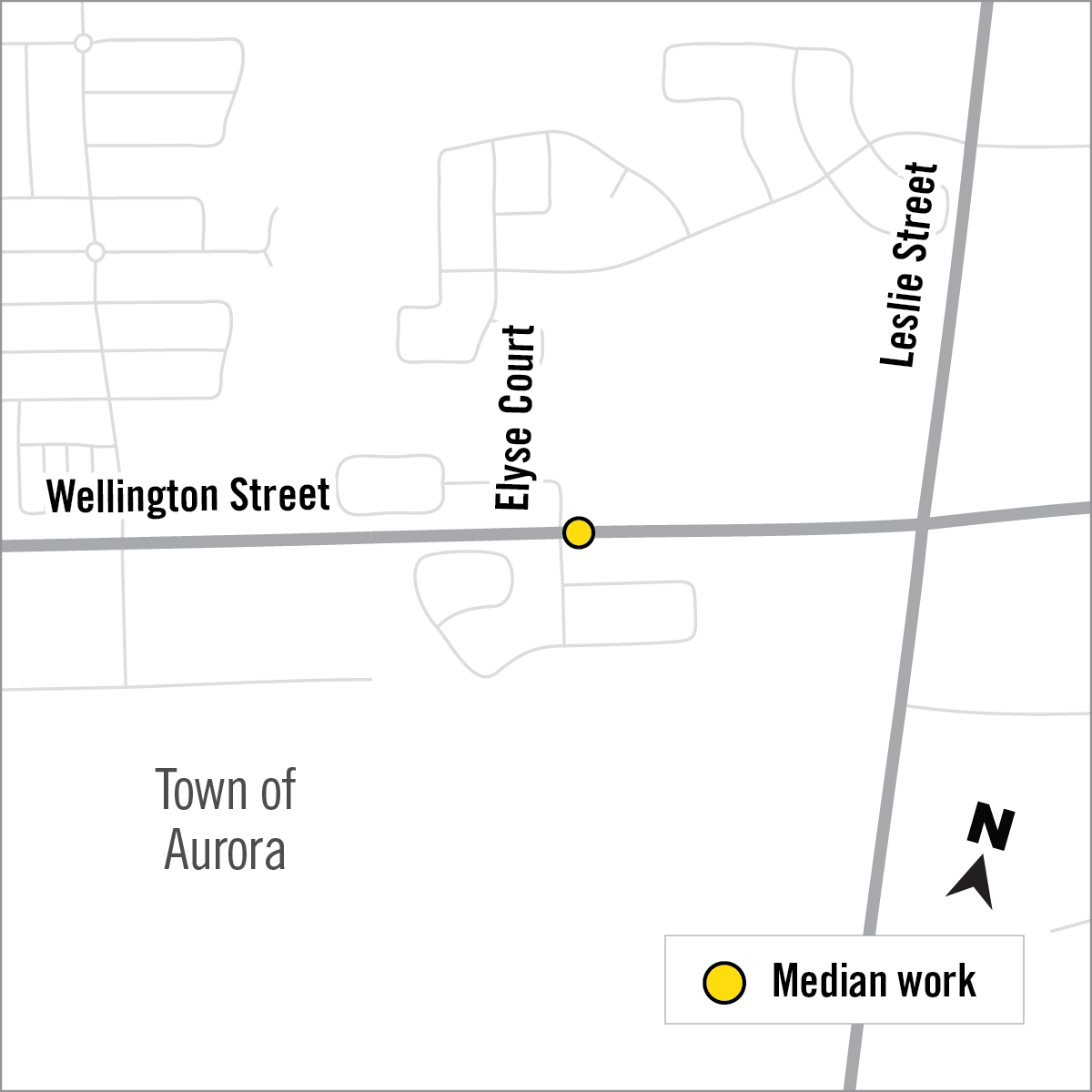 Map of median work area on Wellington street east of Elyse Court in the Town of Aurora