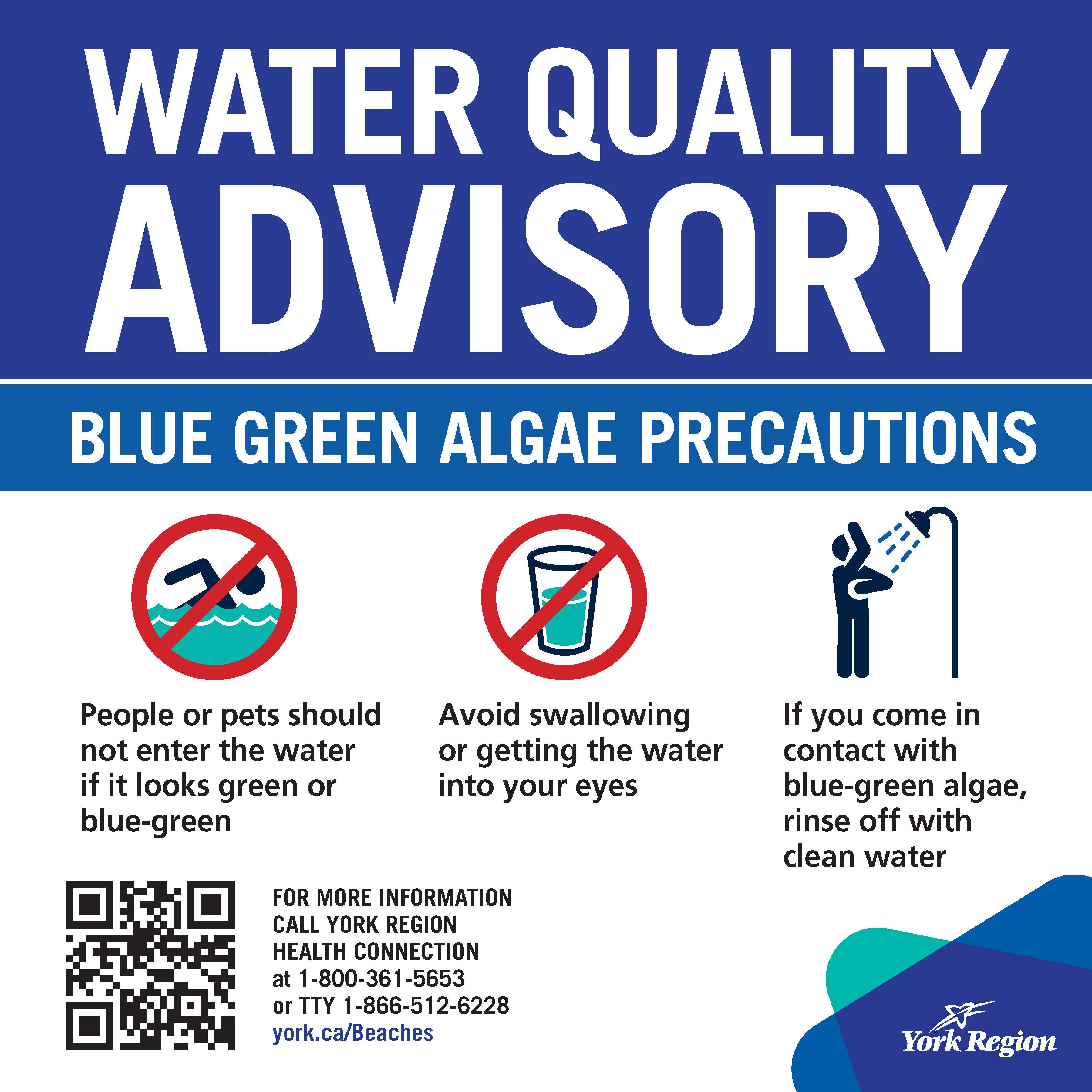 York Region public advisory sign titled 'Water Quality Advisory' with a subheading 'Blue Green Algae Precautions.' It includes three warnings with icons: 1) Do not enter water if it appears green or blue-green (icon of swimmer with red prohibition symbol), 2) Avoid swallowing or getting water in eyes (icon of glass with red prohibition symbol), 3) Rinse off with clean water if exposed (icon of person showering). For more info, call York Region Health Connection or visit york.ca/Beaches.