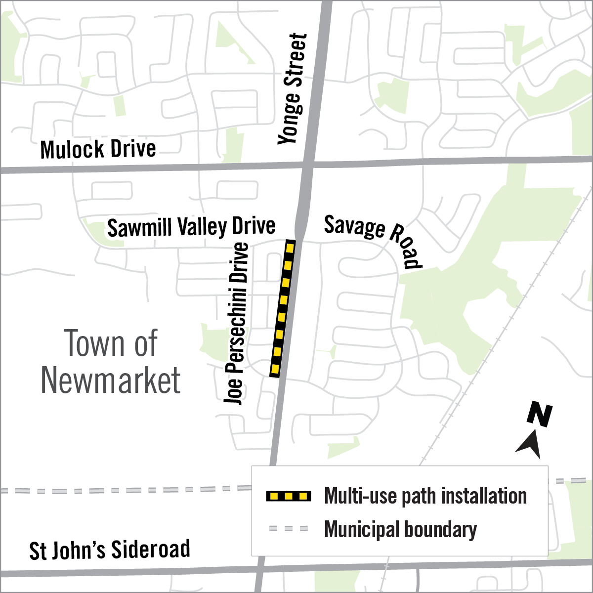 Map of multi use path along Yonge Street in Newmarket