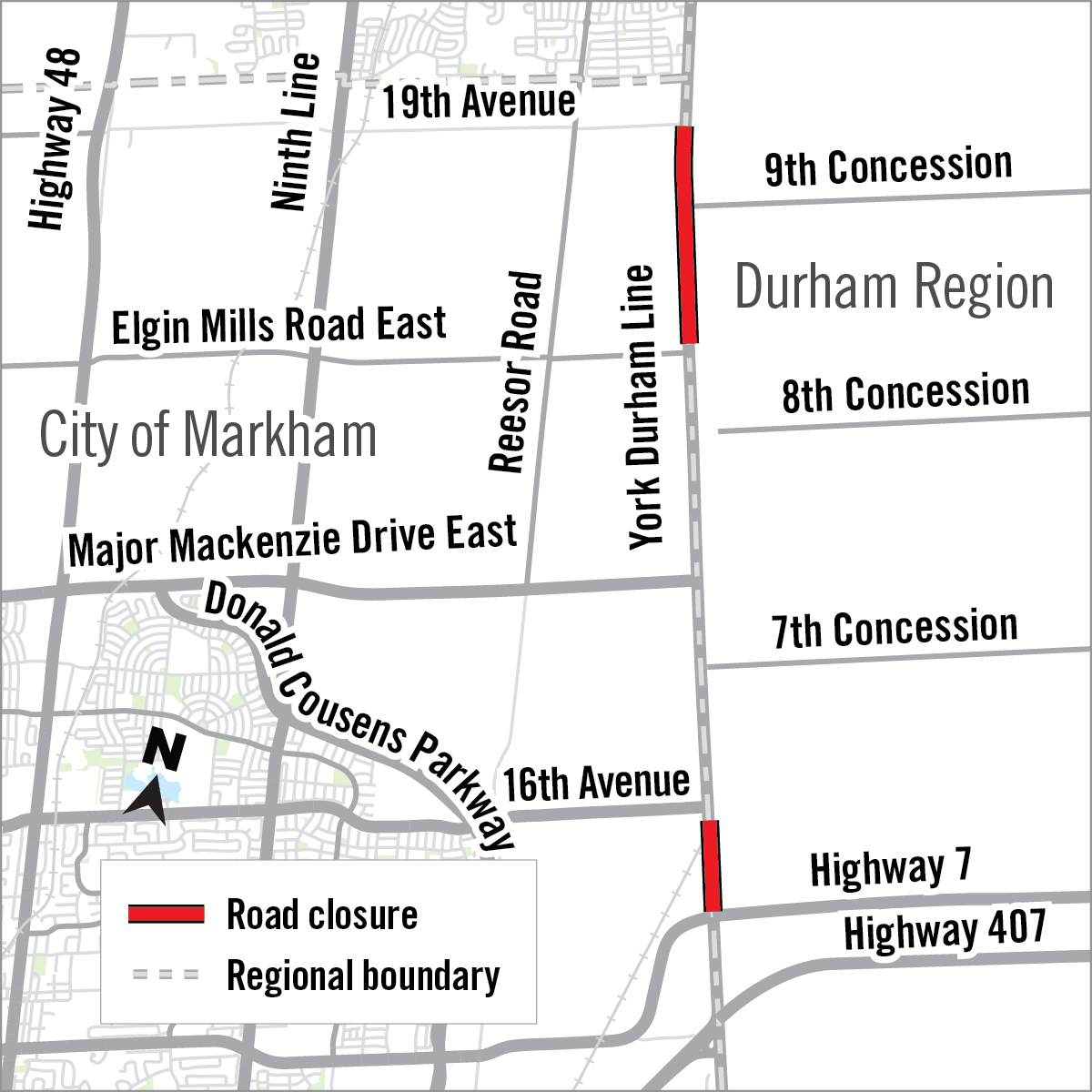 Map of road closures along York Durham Line