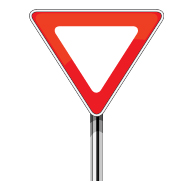 Reminder to yield graphic sign shows red upside down triangle with another white triangle inside of it and a partial pole.